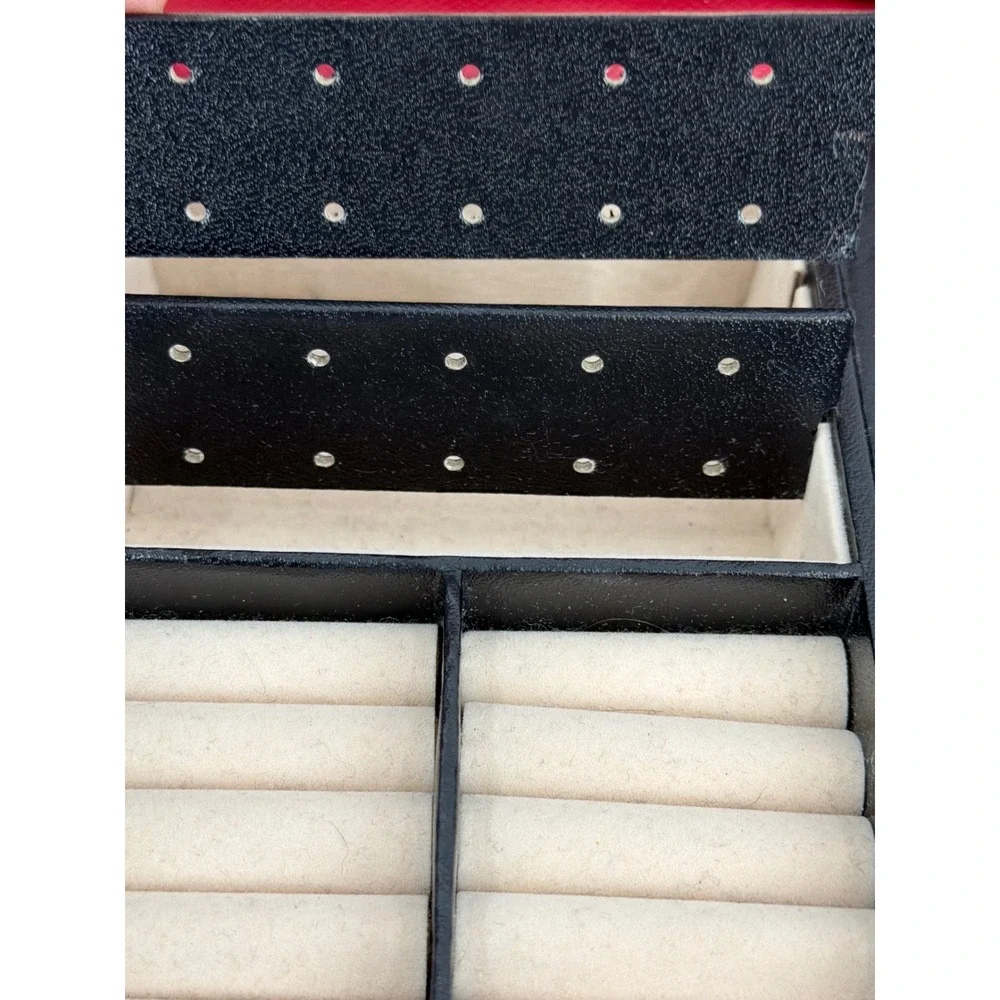 Vtg Large Red Leather Jewelry Box Organizer Multi Drawer Storage Chest Mirror